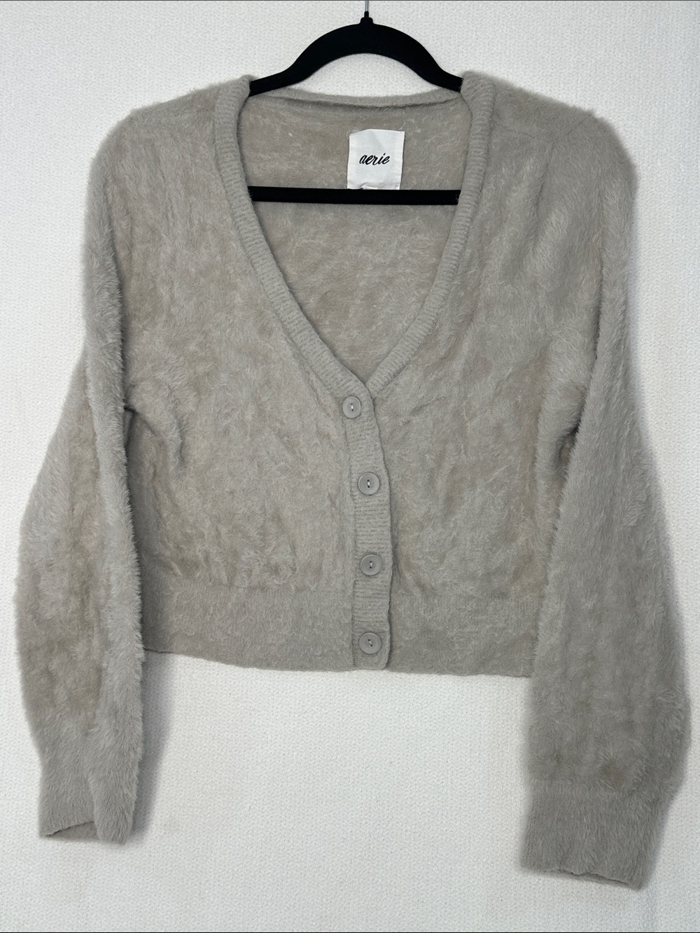 aerie Plush V-Neck Button-Front Cardigan - Light Gray